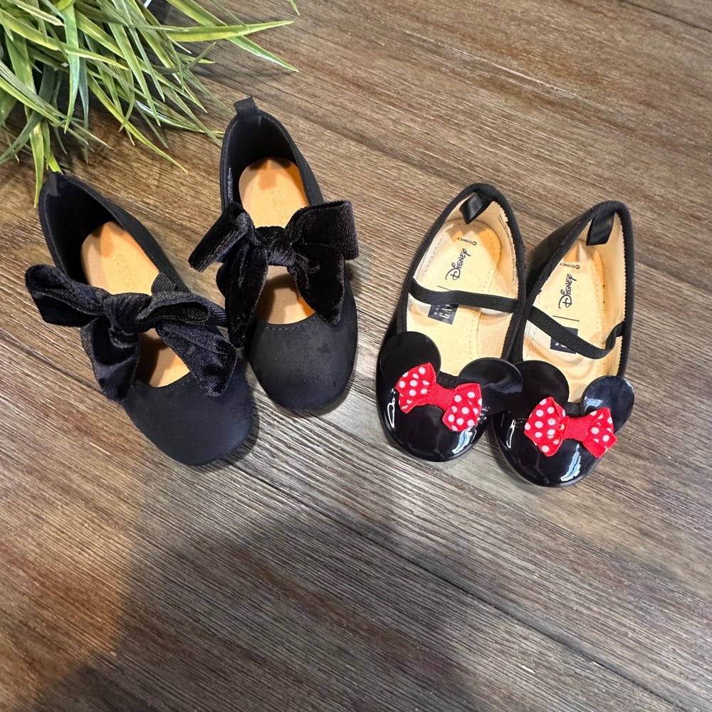 Baby Girl Disney Minnie Mouse Black Ballet Flats Bundle of 2‎ Shoes Size 6-7